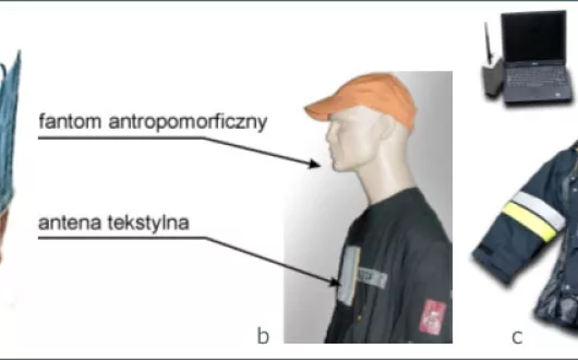 Antena tekstylna (a), fantom wykorzystany do pomiarów charakterystyka anten (b), odzież strażacka z anteną oraz moduł telemetryczny (c)