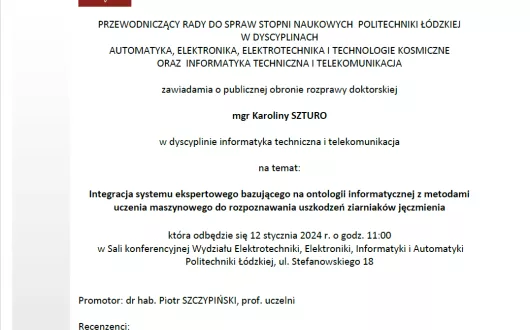 Zaproszenie na publiczną obronę rozprawy doktorskiej mgr. Karoliny Szturo