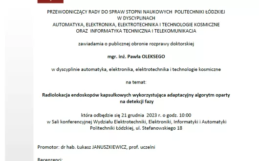 Zaproszenie na publiczną obronę rozprawy doktorskiej mgr. inż. Pawła Oleksego