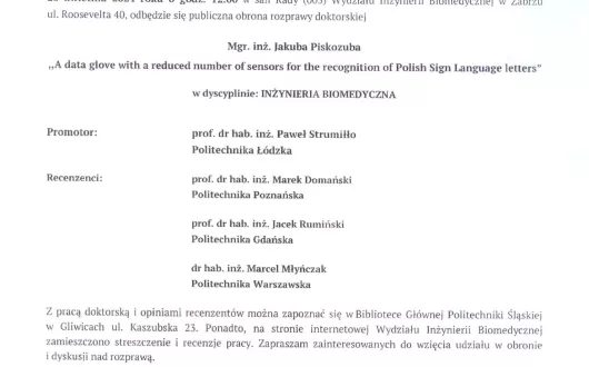 Zaproszenie na publiczną obronę rozprawy doktorskiej mgr. inż. Jakuba Piskozuba