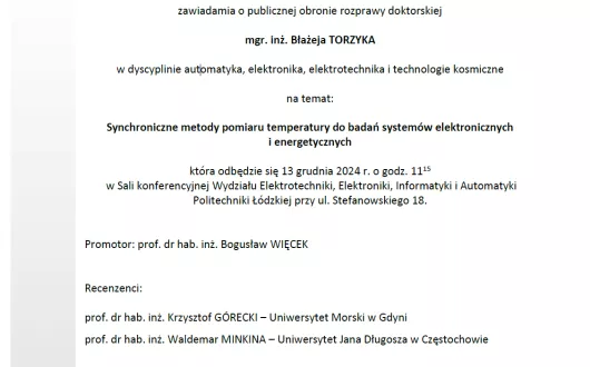 Zaproszenie na publiczną obronę rozprawy doktorskiej mgr. inż. Błażeja Torzyka