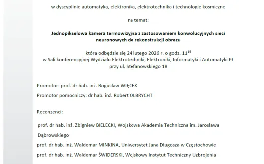 Zaproszenie na publiczną obronę rozprawy doktorskiej mgr. inż. Sebastiana Urbasia