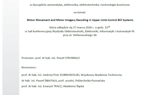 Zaproszenie na publiczną obronę rozprawy doktorskiej mgr. inż. Bartłomieja Sztylera