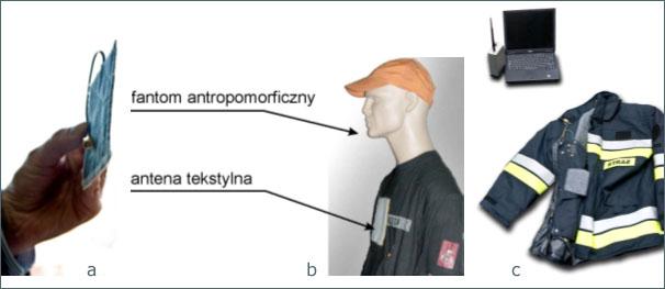 Antena tekstylna (a), fantom wykorzystany do pomiarów charakterystyka anten (b), odzież strażacka z anteną oraz moduł telemetryczny (c)