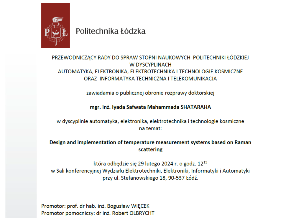 Zaproszenie na publiczną obronę rozprawy doktorskiej mgr. inż. Iyada Shataraha