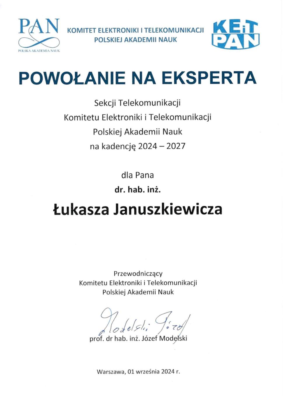 Powołanie na eksperta KEiT PAN dla prof. Łukasza Januszkiewicza