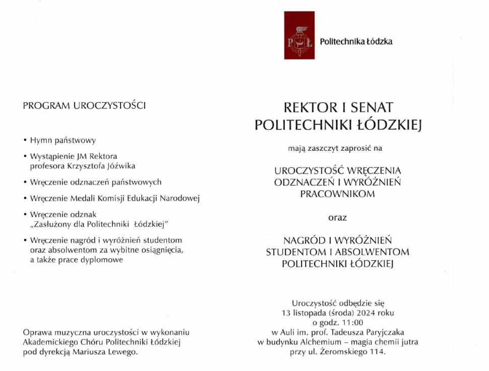 Zaproszenie na uroczystość wręczenia odznaczeń i wyróżnień pracownikom, studentom oraz absolwentom Politechniki Łódzkiej, 2024.