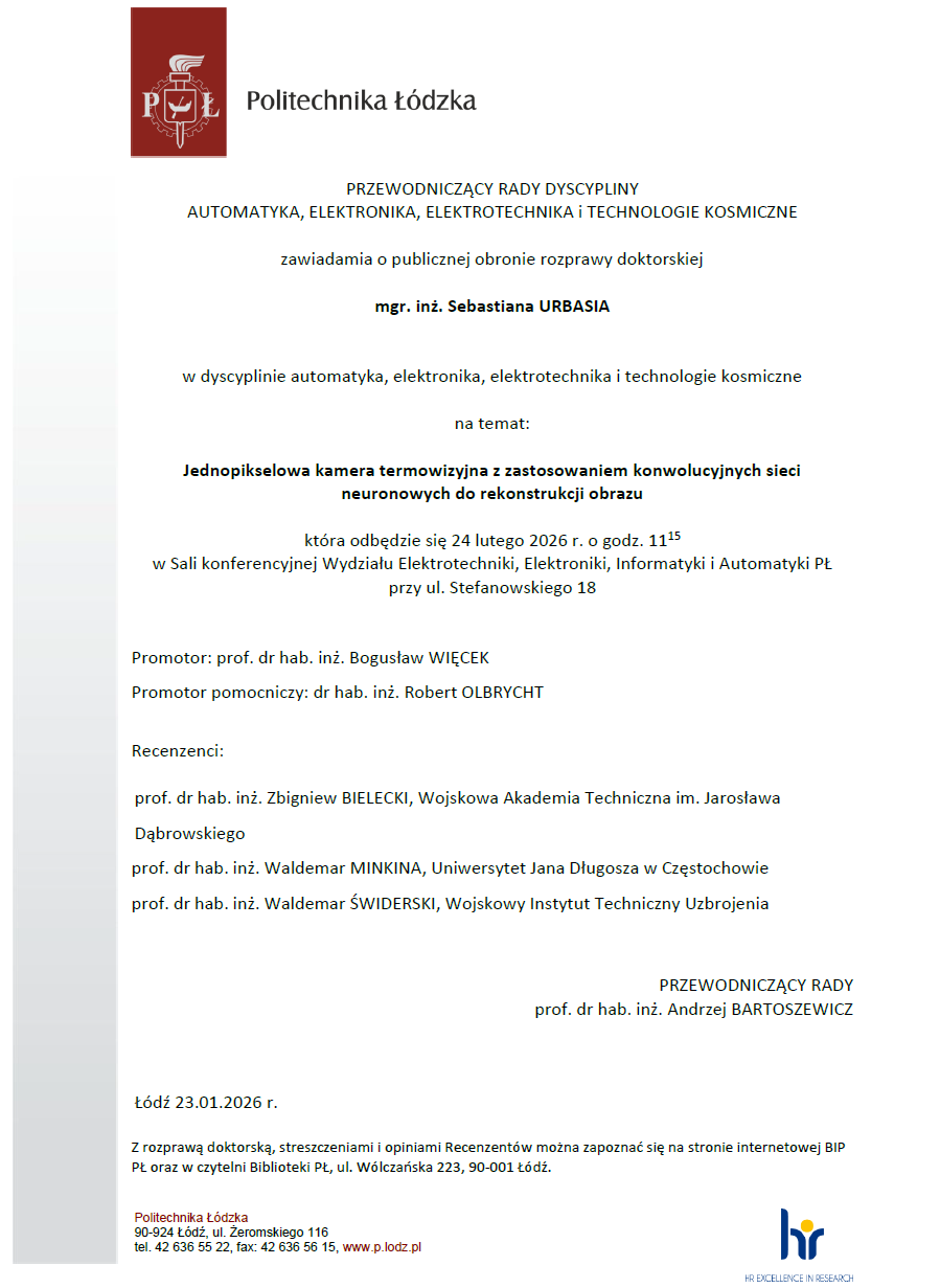 Zaproszenie na publiczną obronę rozprawy doktorskiej mgr. inż. Sebastiana Urbasia