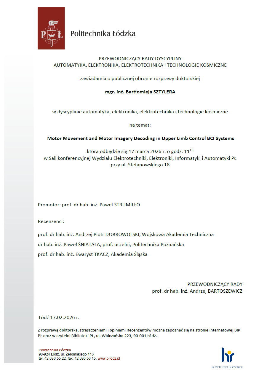 Zaproszenie na publiczną obronę rozprawy doktorskiej mgr. inż. Bartłomieja Sztylera